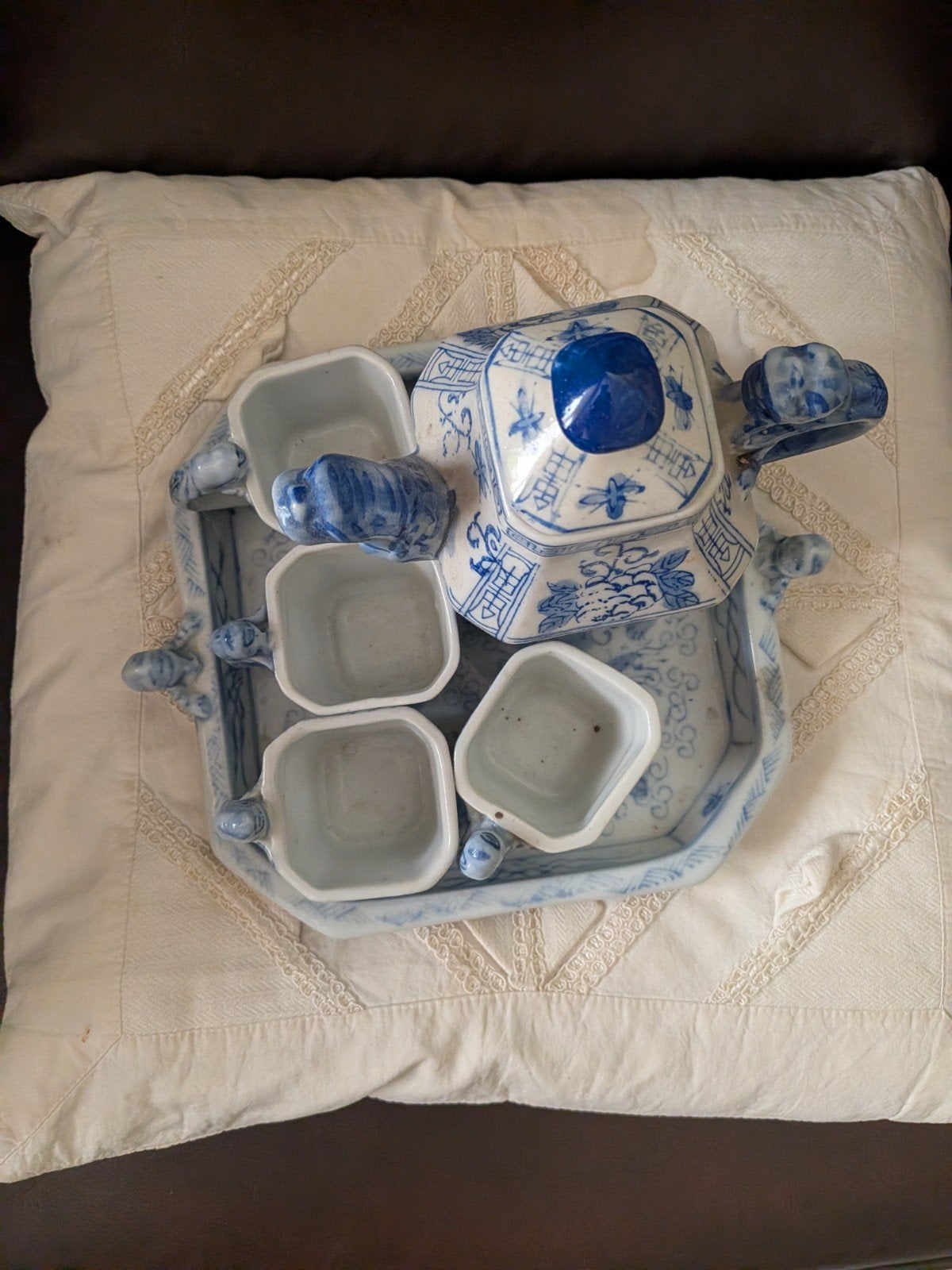 Antiek Chinees porseleinen theeservies, blauw-wit, Ophalen of Verzenden