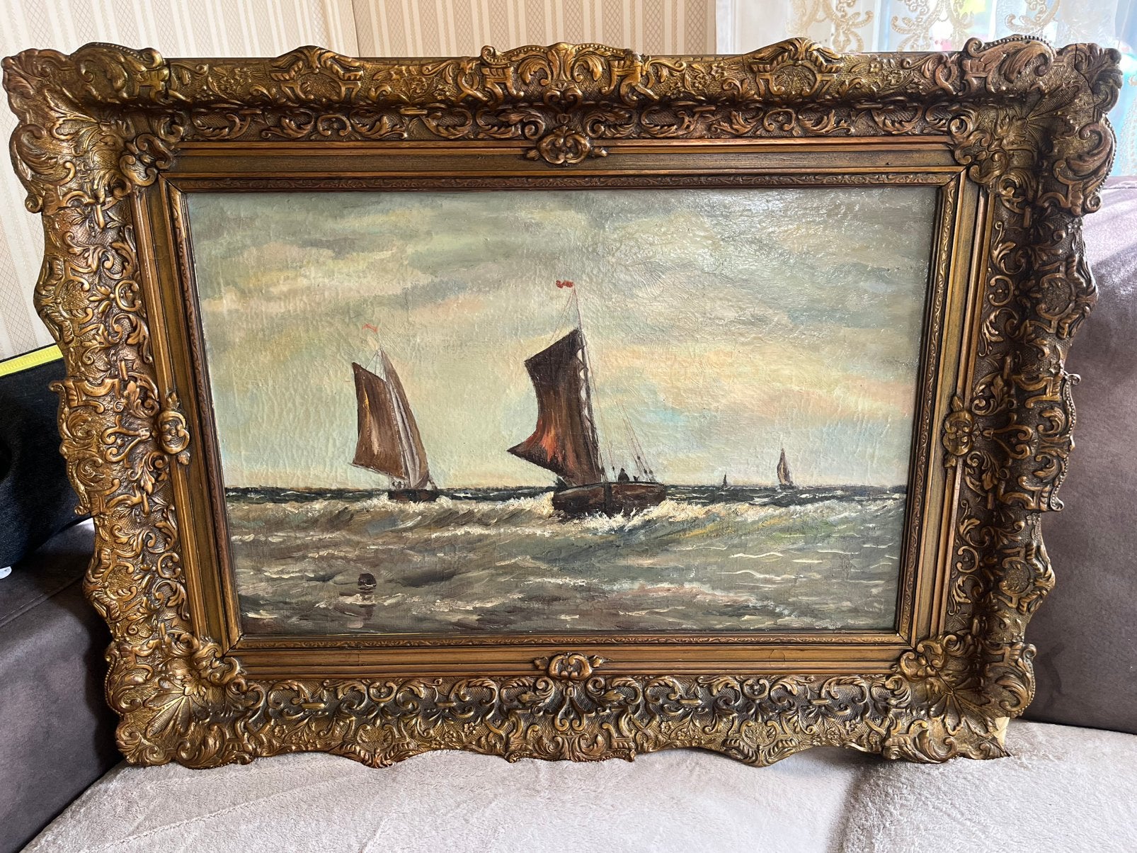 Antiek olieverf zee met boten schilderij, Ophalen