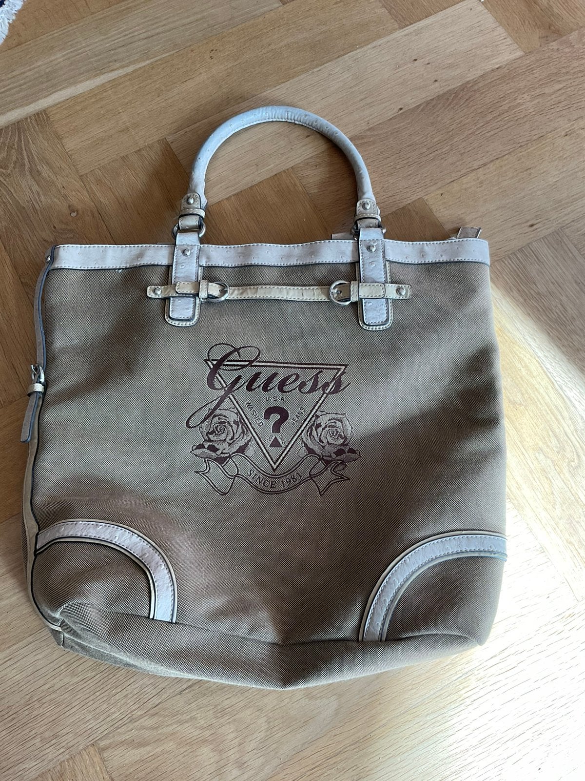 Vintage Guess canvas tas, Ophalen of Verzenden, Gebruikt, Beige, Shopper