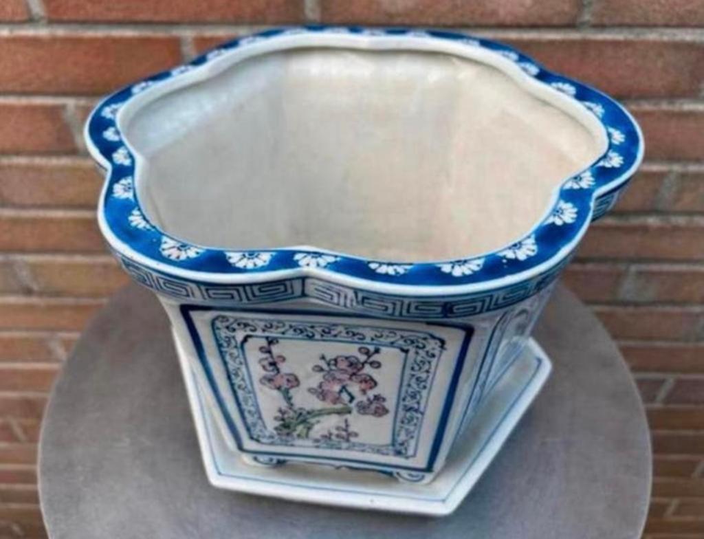 Bonsai pot + onderzetter gedecoreerd porselein gemerkt 26x17, Overige materialen, Ophalen of Verzenden, Zo goed als nieuw, Overige vormen