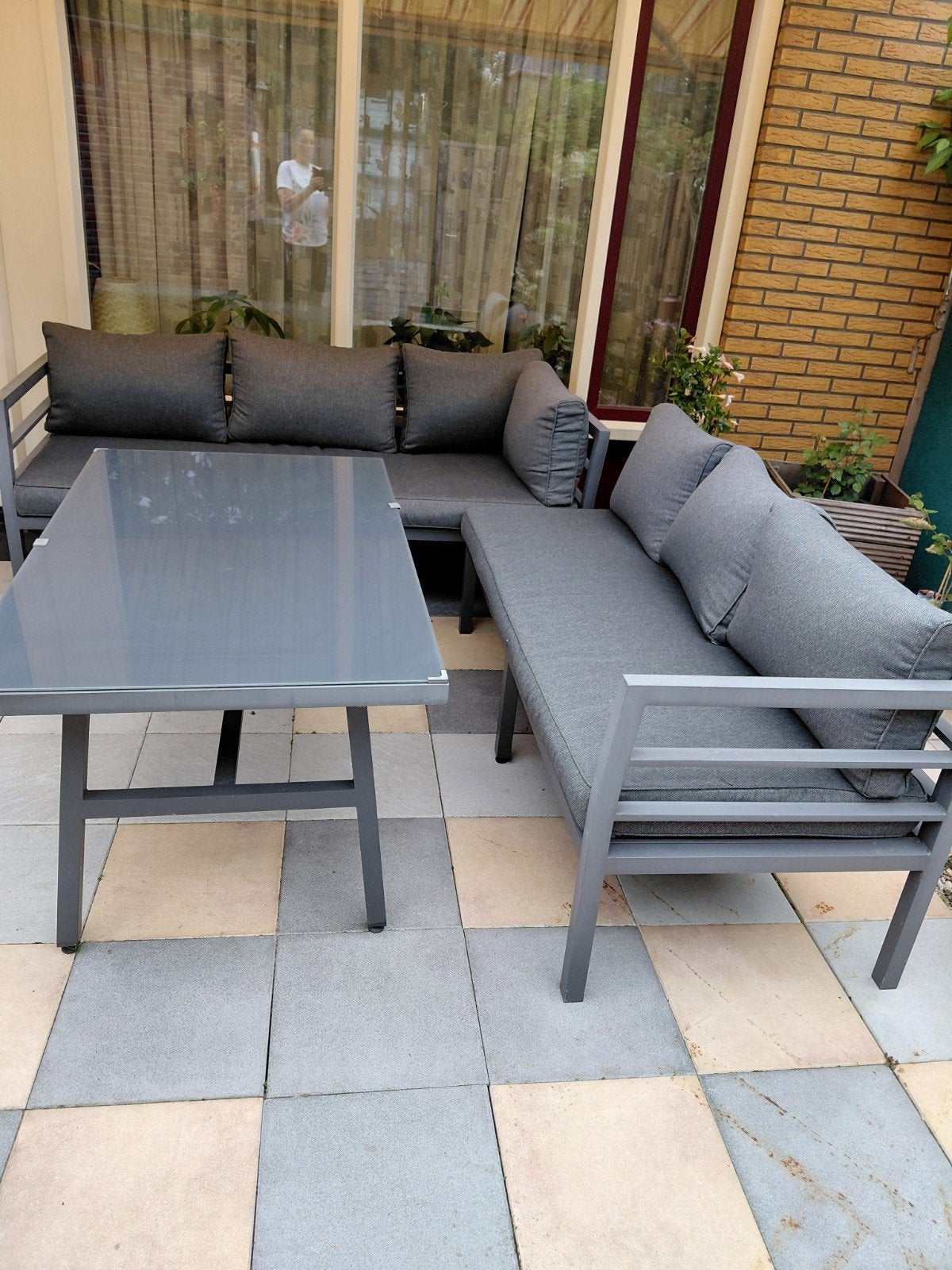 Moderne grijze loungeset + tafel, Ophalen, 5 zitplaatsen, Gebruikt, Aluminium