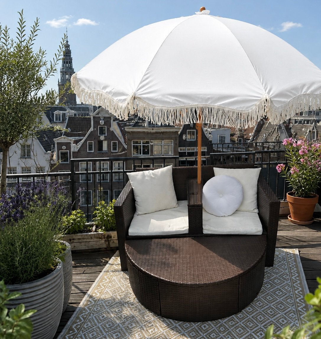 Balkon- of tuinloungeset 2 personen met kussens en parasol, Tuin en Terras, Ophalen, Zo goed als nieuw