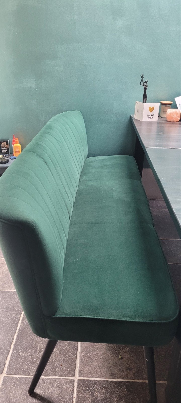 Groene fluwelen eetkamerbank - 180 breed,, Huis en Inrichting, Ophalen, Minder dan 75 cm, Driepersoons, Zo goed als nieuw