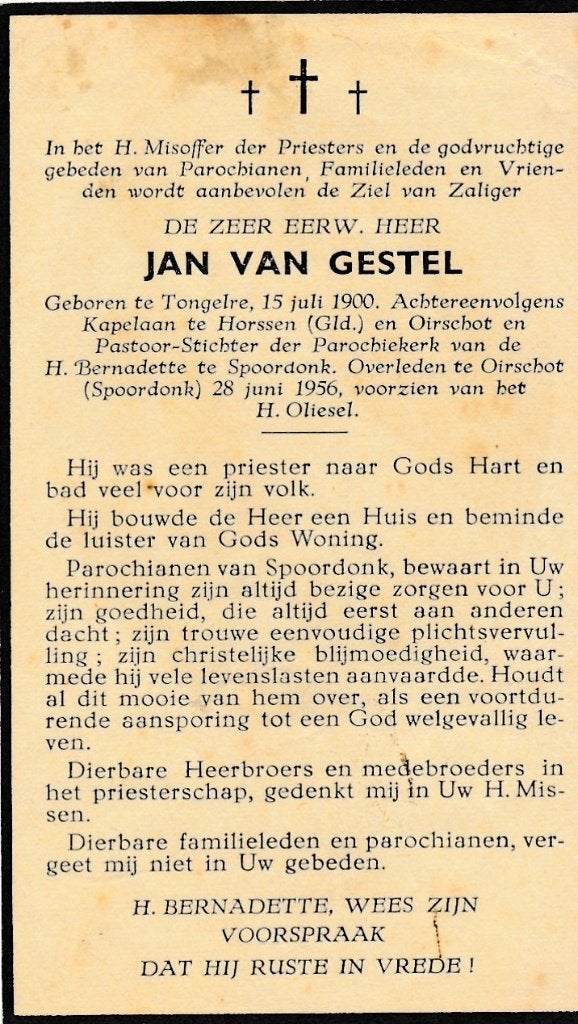 Gestel Jan 1900 Tongelre  1956  Spoordonk Oirschot  priester, Verzamelen, Ophalen of Verzenden, Bidprentje