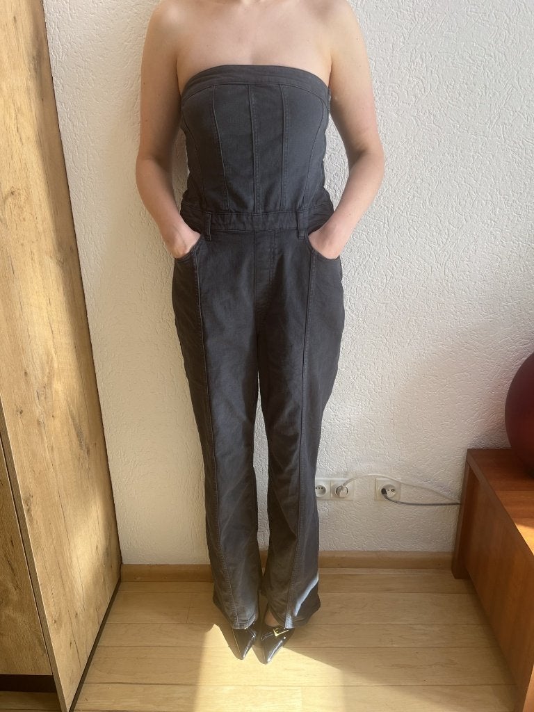 Zara jumpsuit maat XL (40) strapless corset grijs antraciet, Maat 38/40 (M), Verzenden, Zara, Zo goed als nieuw