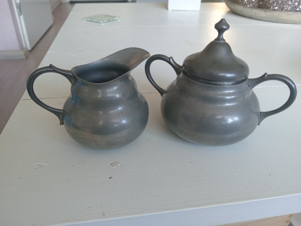 Vintage Italiaans tinnen suiker- en melkstel – Peltro 95%, Antiek en Kunst, Ophalen of Verzenden