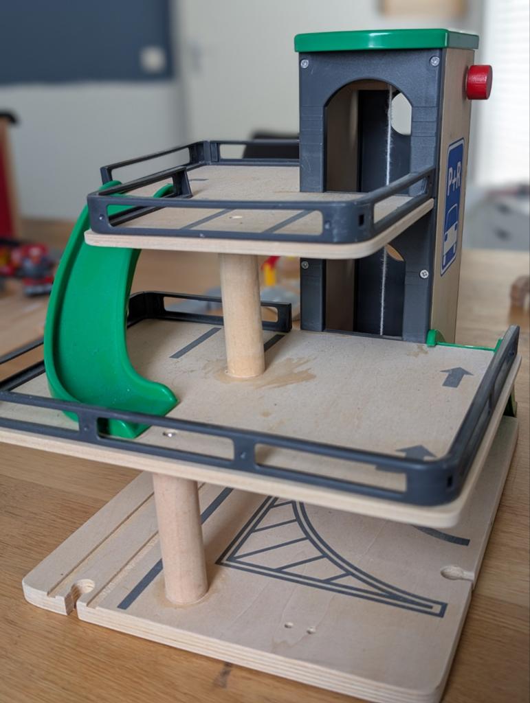 Houten garage met lift en trein spoor (Brio compatibel), Ophalen