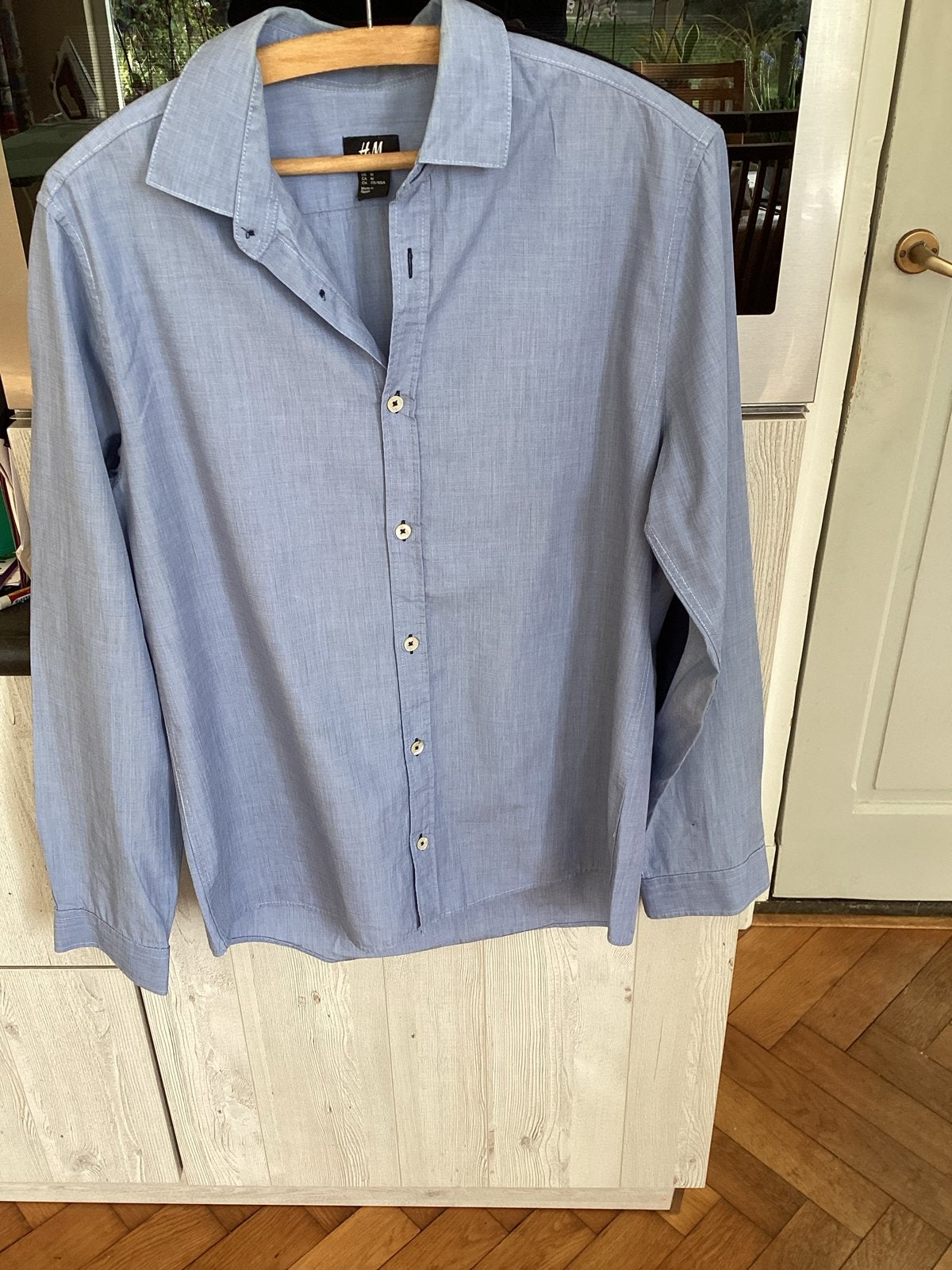 H&M Blauw Overhemd Maat M met Elleboogstukken, Ophalen of Verzenden, Gedragen, Blauw, Halswijdte 39/40 (M)
