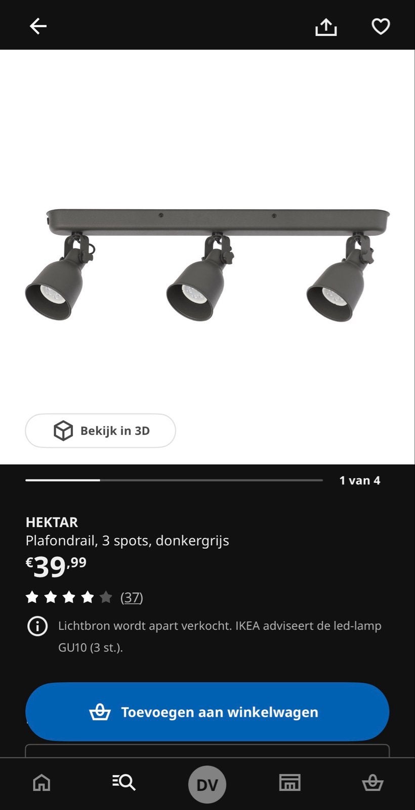 IKEA Hektar Plafondlamp 3 Spots Donkergrijs, Ophalen, Zo goed als nieuw, Metaal