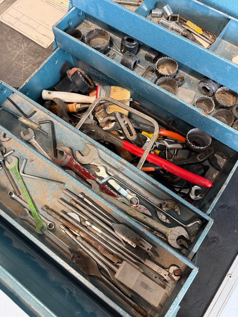 Vintage gereedschapskist – 5-vaks harmonicamodel inc. inhoud, Ophalen of Verzenden, Gevuld, Gebruikt