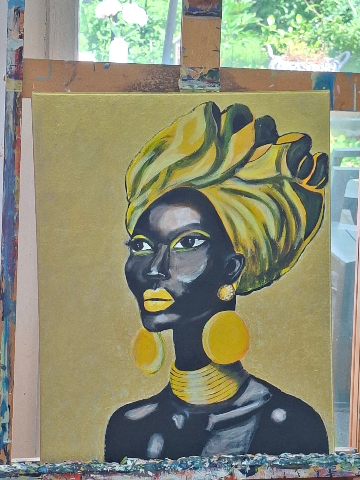 Schilderij: Afrikaanse vrouw met gele hoofddoek, Ophalen