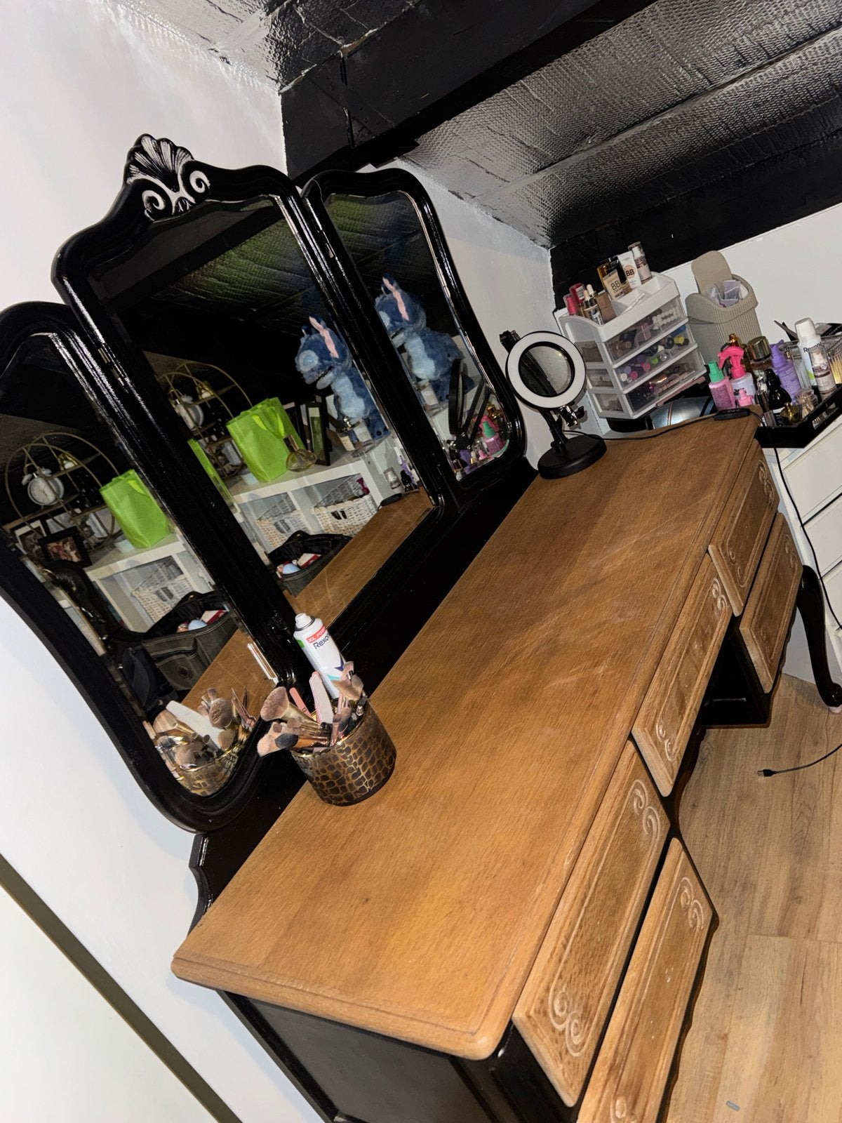 Vintage Toilettafel met Spiegel en Lades - Zwart/Hout, Huis en Inrichting, Tafels | Kaptafels, Ophalen, Gebruikt, Hout, 100 tot 150 cm