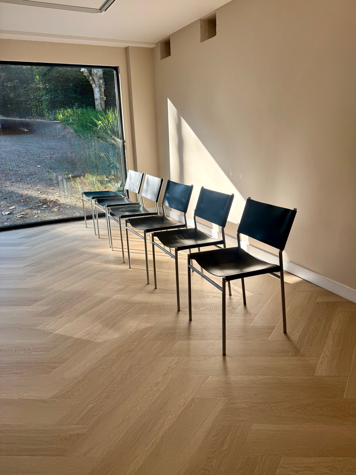 Set van 6 Martin Visser SE 06 eetkamerstoelen, Ophalen, Gebruikt, Zwart, Leer