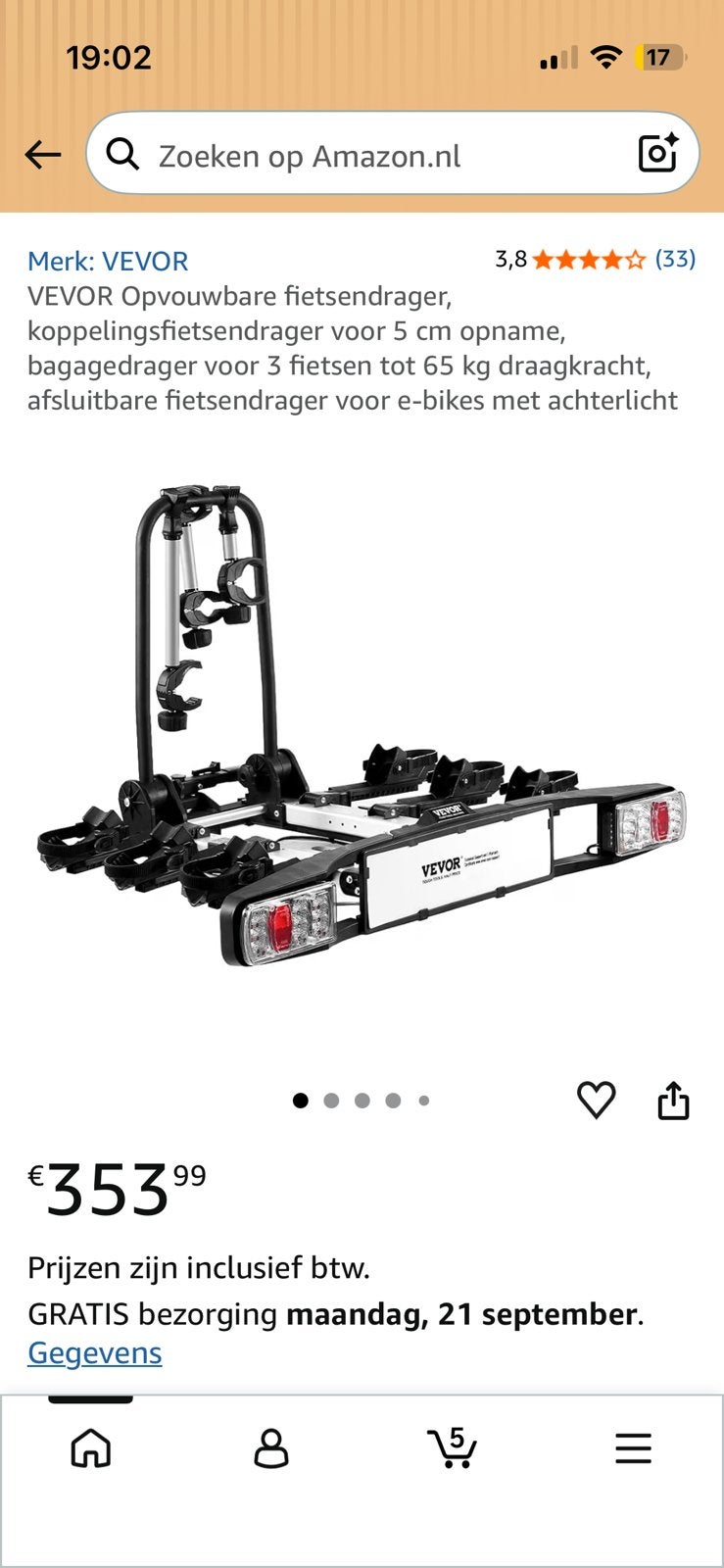 Vevor fietsendrager 3 e bikes 65 kg zgan, Ophalen, Zo goed als nieuw, Trekhaakdrager