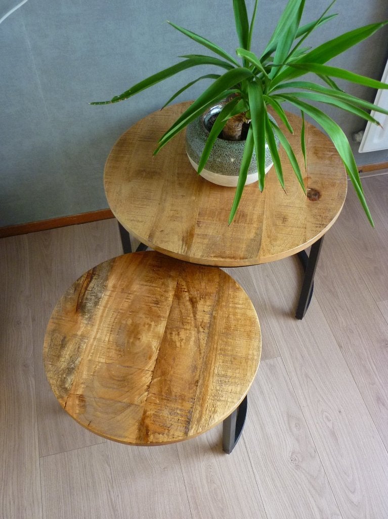 2 Mango tafeltjes, Ophalen, Gebruikt, 50 tot 100 cm, Rond
