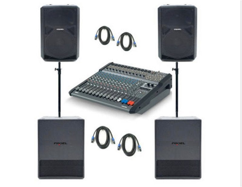 PROEL powered 12 kanaals mixer met 4 speaker units en kabels, Ophalen, Zo goed als nieuw, 10 tot 20 kanalen, Microfooningang