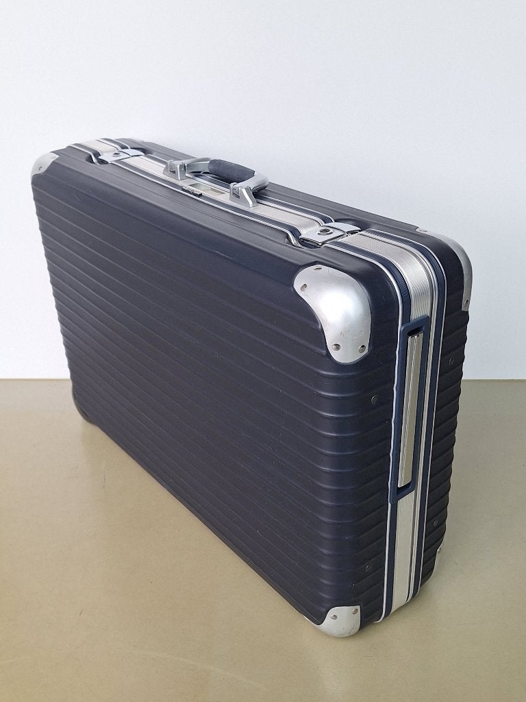 vintage Rimowa reis-koffer blauw polycarbonaat en aluminium, Uitschuifbare handgreep, Gebruikt, Hard kunststof, Ophalen