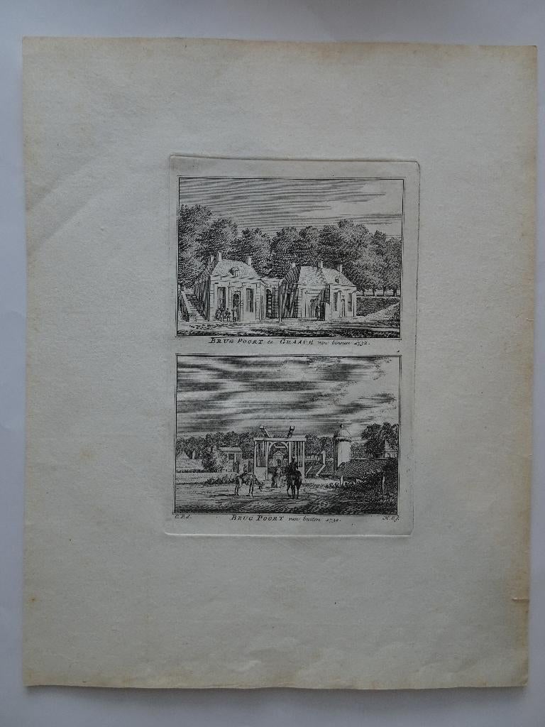 Twee gravure Brugpoort te Grave, door H. Spilman 1732, Verzenden