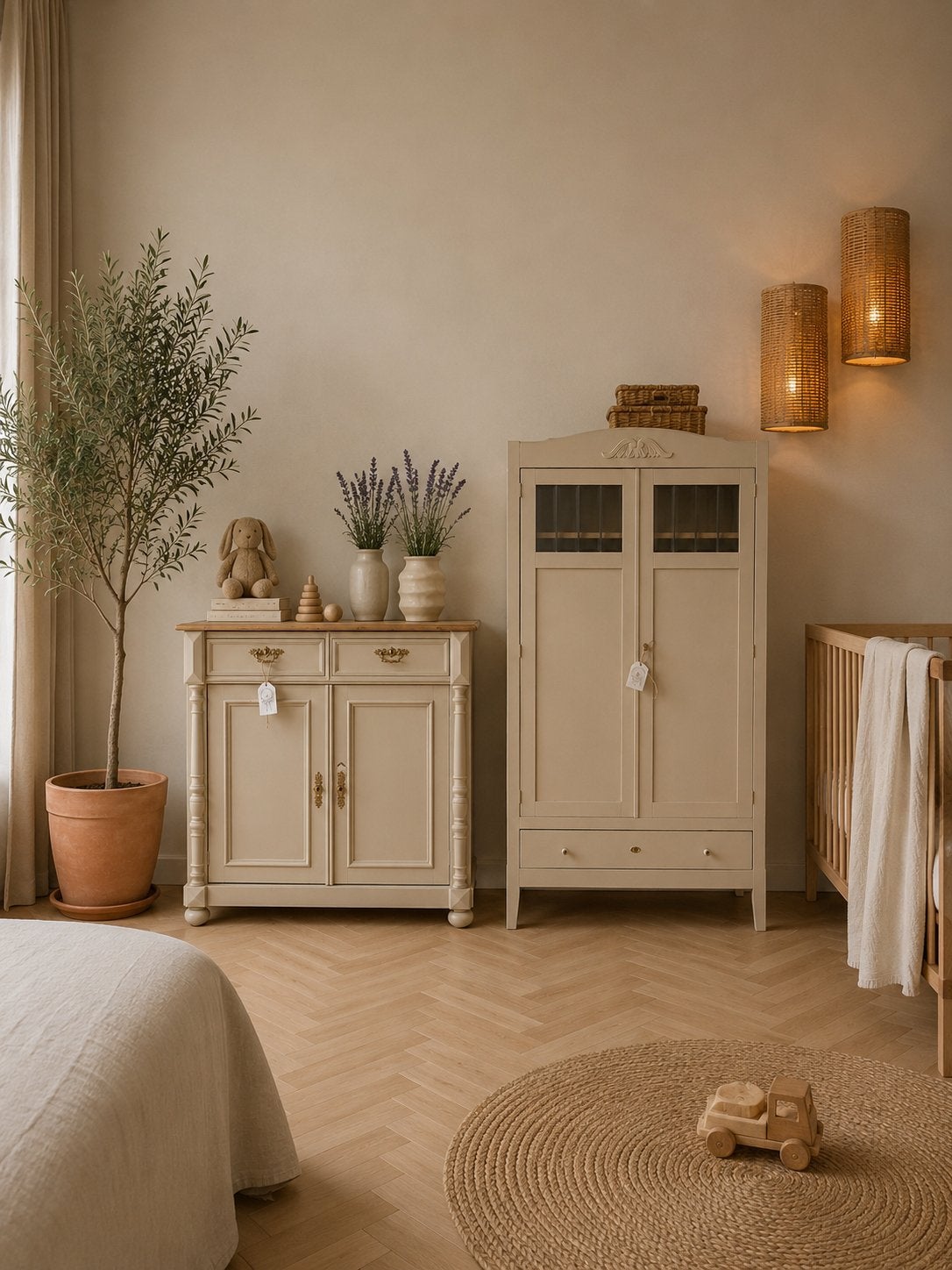Babykamer vintage linnenkast glas in lood commode taupe, Ophalen, 50 tot 70 cm, 105 cm of meer, Nvt