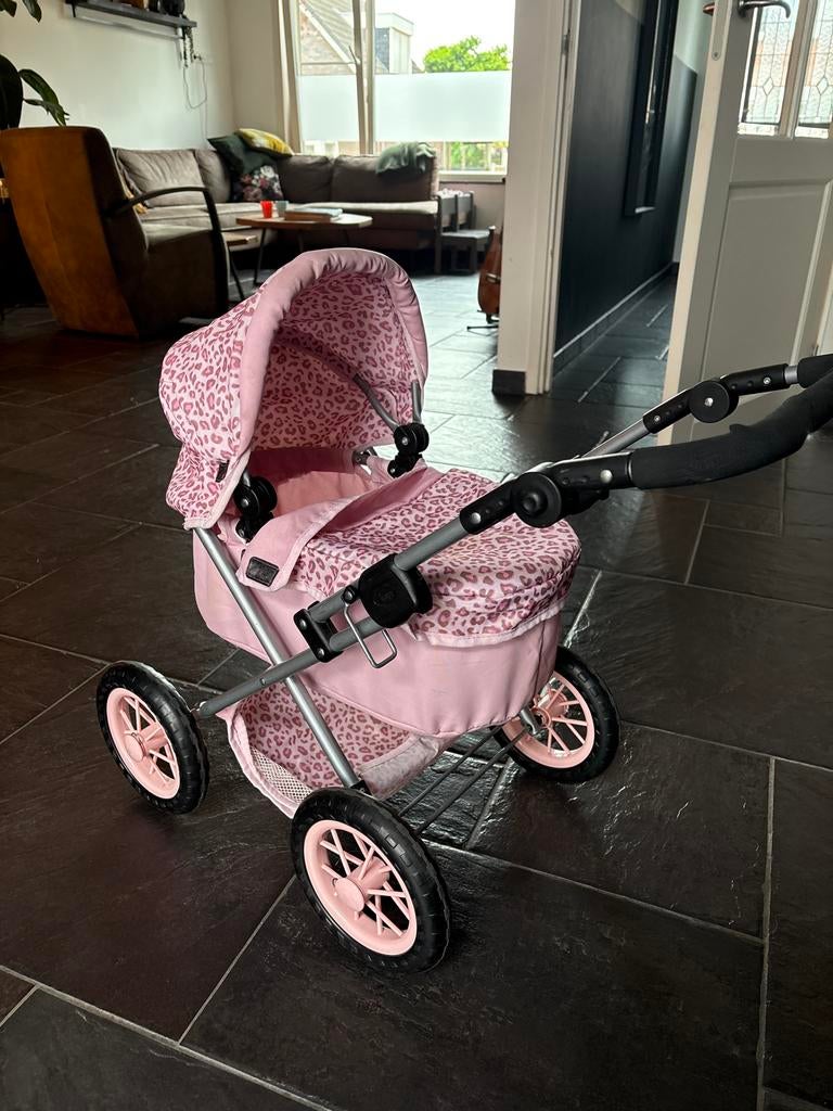 Roze poppenwagen met luipaardprint, Gebruikt, Verstelbare duwstang, Ophalen, Kinderwagen