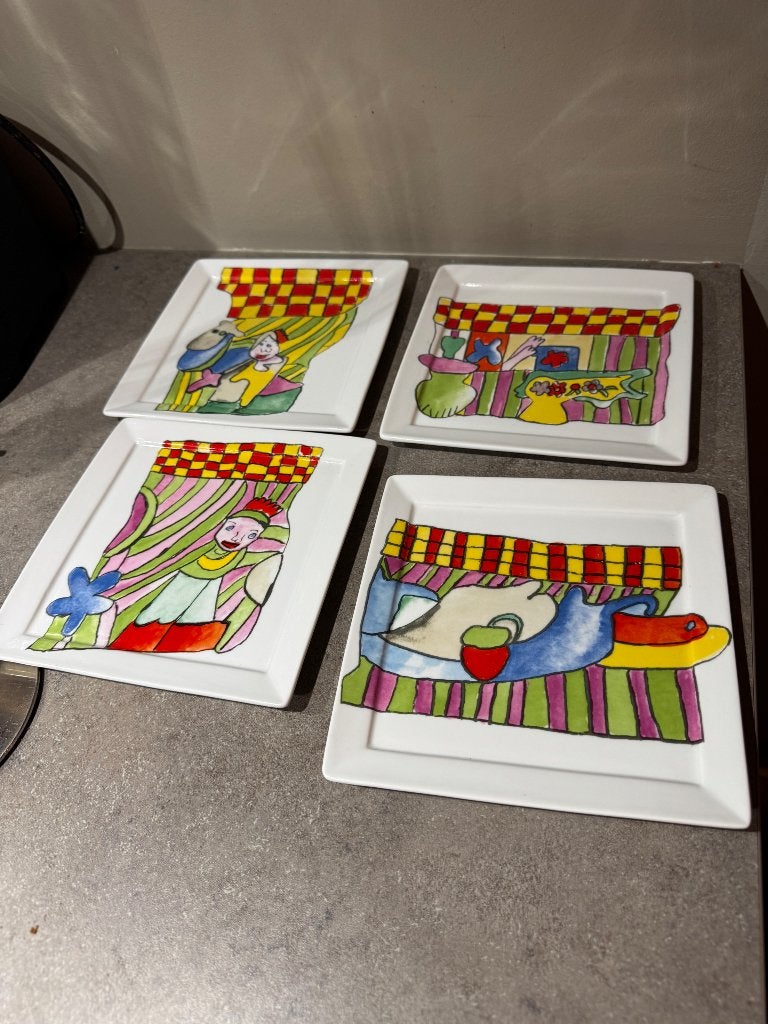 Set handbeschilderde bordjes 17x17cm Popart / CoBrA stijl, Ophalen of Verzenden, Zo goed als nieuw, Bord(en), Overige stijlen