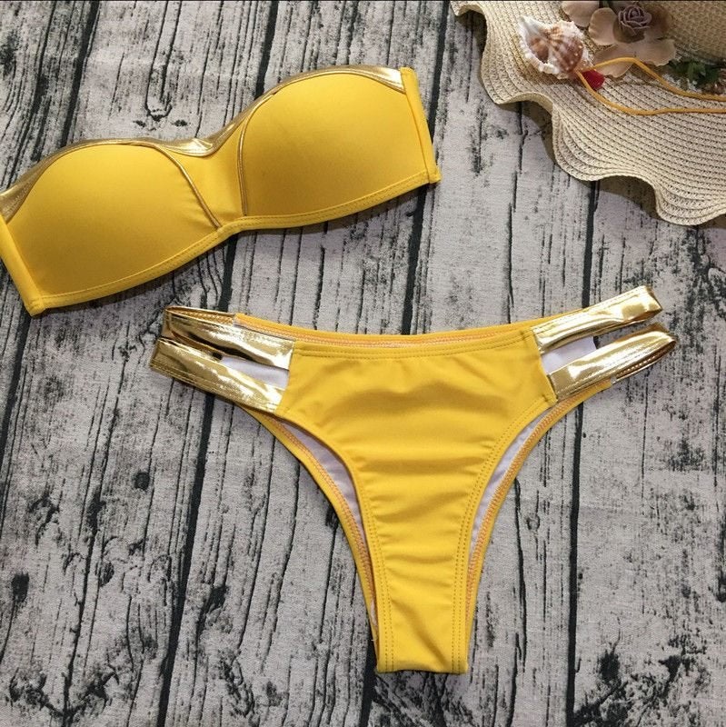 Gouden gele push up bikini badpak brazilian string dames, Kleding | Dames, Verzenden, Nieuw, Meerkleurig, Bikini