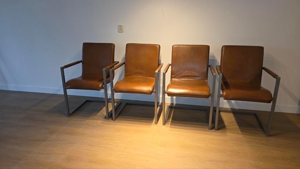 4x Goossens eetkamerstoel 'Sturdy' - Cognac leer, Huis en Inrichting, Stoelen, Ophalen, Gebruikt, Bruin, Leer