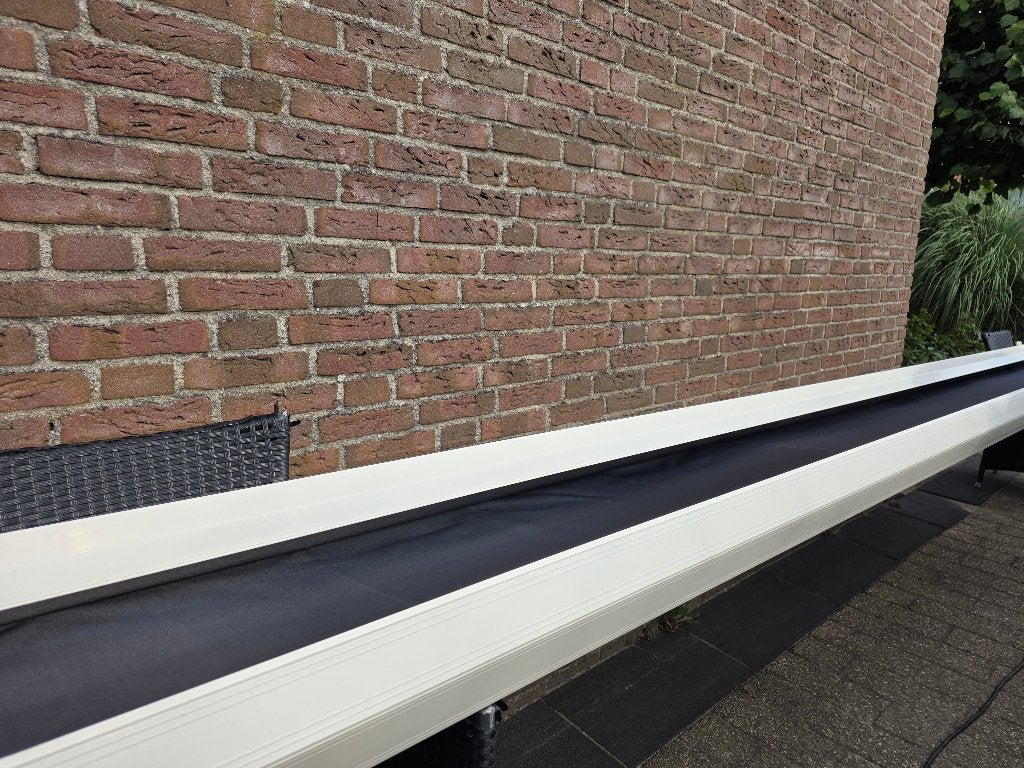 5,50 meter BREED elektrische zonnescherm ANTRACIETE DOEK, Ophalen, 450 cm of meer, Elektrisch, Zo goed als nieuw