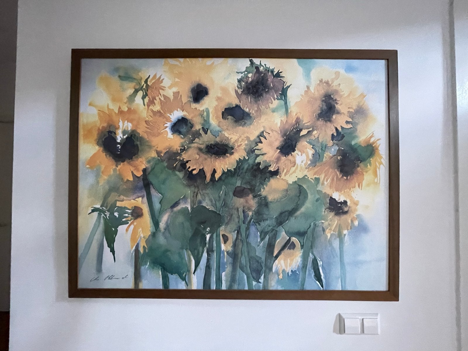 Groot Aquarel Schilderij Zonnebloemen - 127x96 cm, Ophalen, Aquarel, Papier/karton, Ingelijst