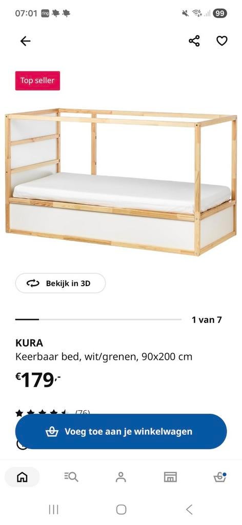 IKEA KURA omkeerbaar bed, wit/grenen, 90x200 cm, 85 tot 100 cm, Gebruikt, Ophalen of Verzenden, Hoogslaper of Stapelbed