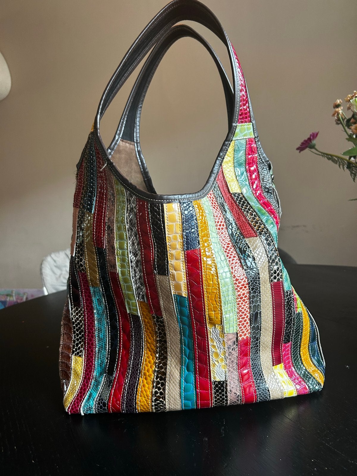 Kleurrijke handtas van leer met patchwork design, Ophalen, Zo goed als nieuw, Overige kleuren, Handtas