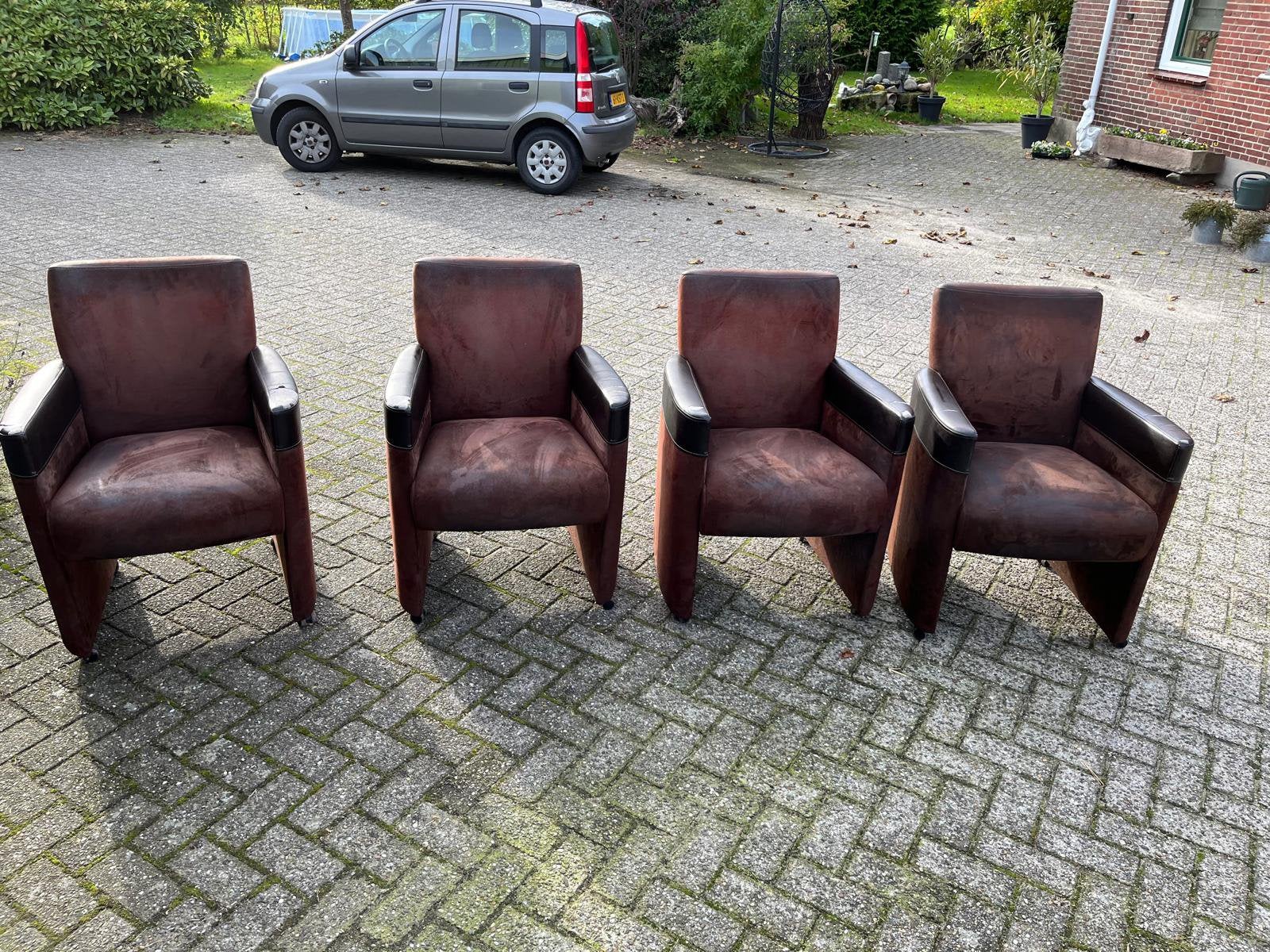 Bruine 4 leren stoffen eetkamerstoelen, Ophalen, Gebruikt, Bruin, Vier