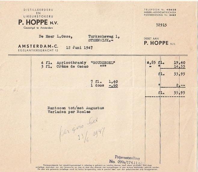 Amsterdam distilleerderij P. Hoppe factuur 1947, Ophalen of Verzenden, Zo goed als nieuw, Overige typen