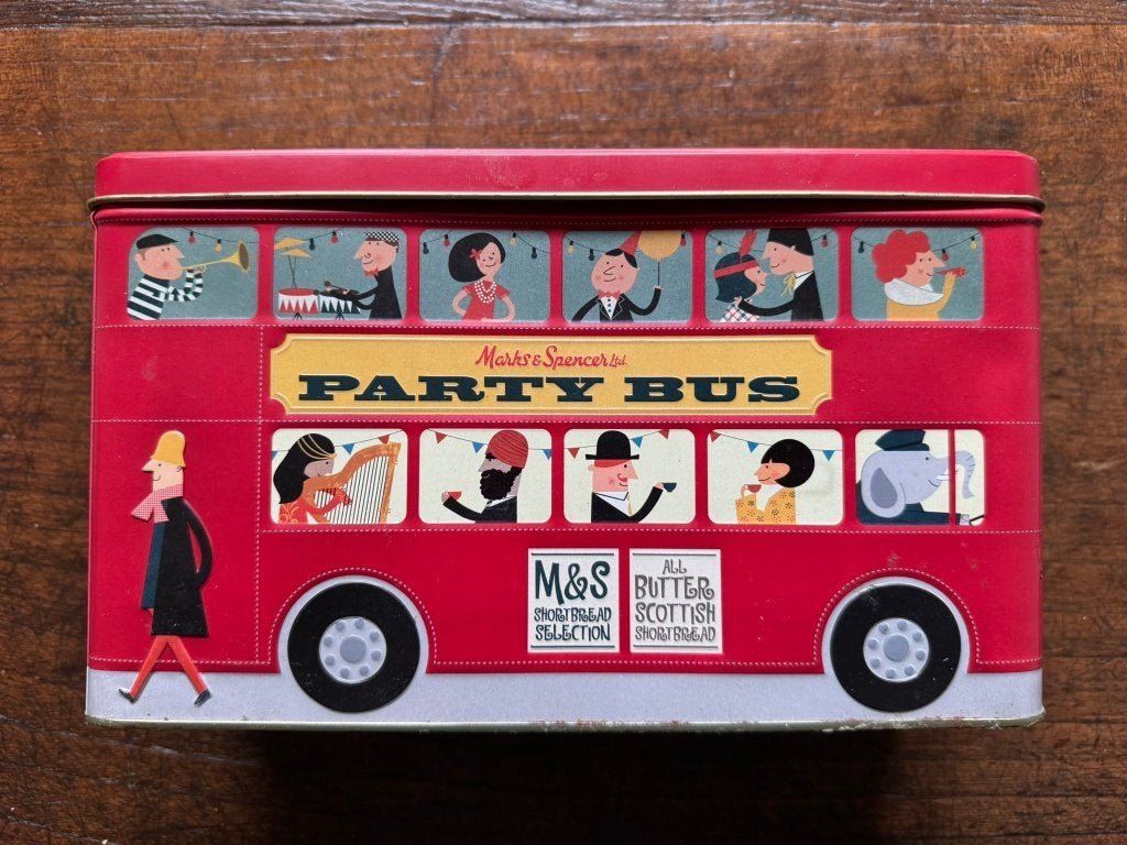 6 vintage blikjes met huis/bus/seizoenen afgebeeld, Verzamelen, Blikken, Ophalen of Verzenden, Gebruikt, Overige, Overige merken