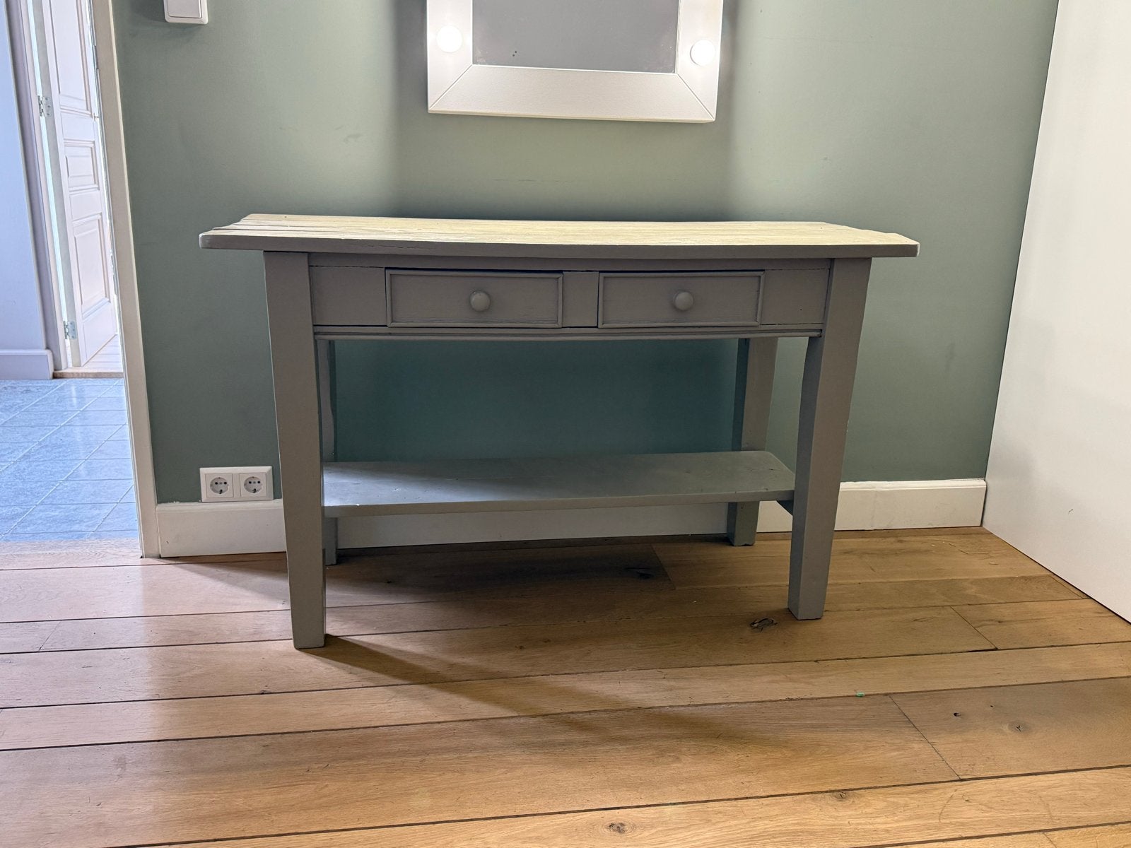 Houten sidetable met twee lades, Ophalen, Gebruikt, 100 tot 150 cm, Overige houtsoorten