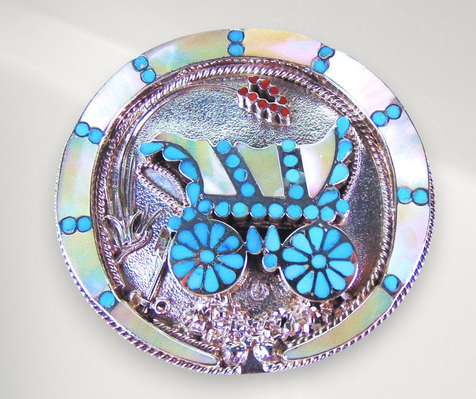 ZELDZAME grote Zuni V. Dishta zilver turquoise bolo hanger!, Verzenden, Zo goed als nieuw, X, Met edelsteen