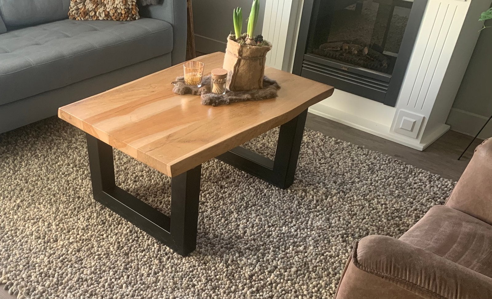 eiken salon tafel met staal zwart frame, Huis en Inrichting, Ophalen, Gebruikt, 50 tot 100 cm, 50 tot 100 cm