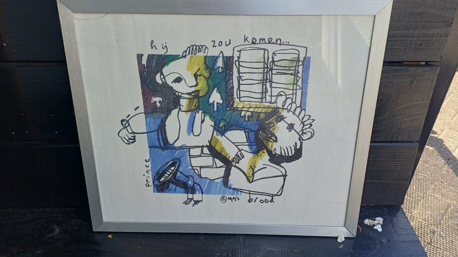 Ingelijste tekening: 'hij zou komen...' van Prince, Ophalen of Verzenden, Tekening, Gemengde techniek, Ingelijst