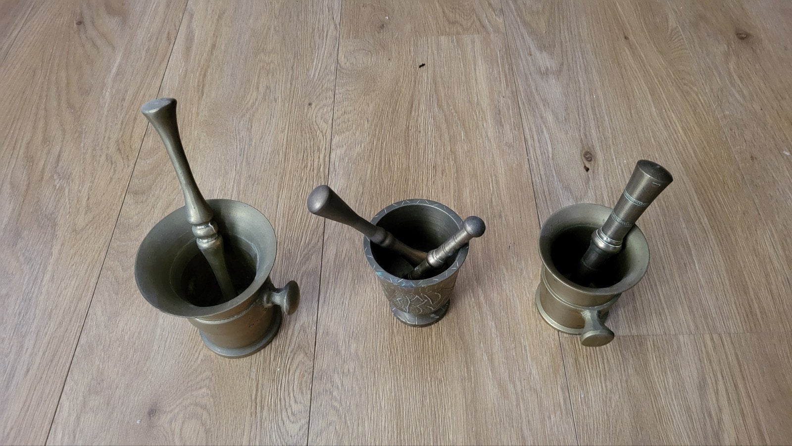 Set van 3 antieke bronzen vijzels met stampers, Ophalen of Verzenden