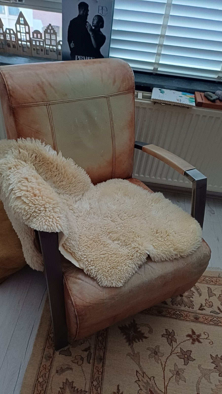Leren fauteuil met metalen armleuningen, Ophalen, Gebruikt, 75 tot 100 cm, 75 tot 100 cm