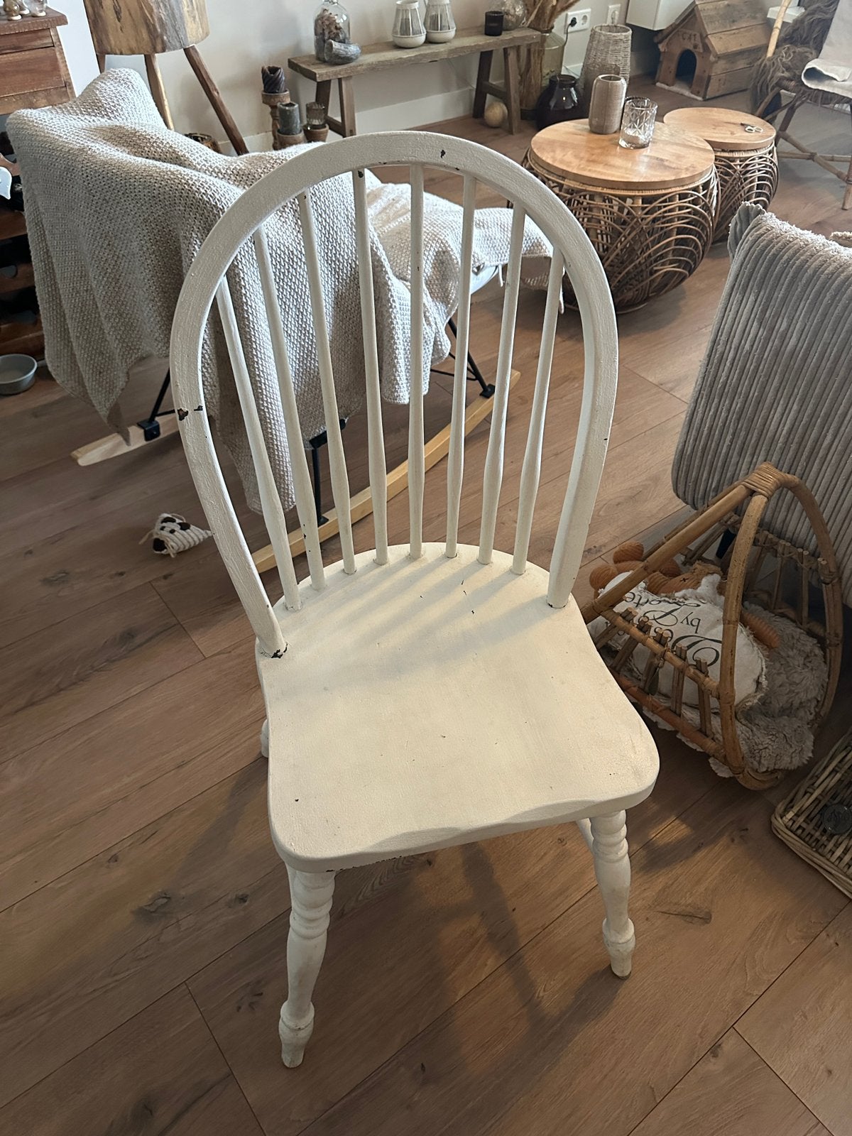 4 landelijke houten eetkamerstoelen met beklede zitting, Ophalen, Gebruikt, Wit, Vier