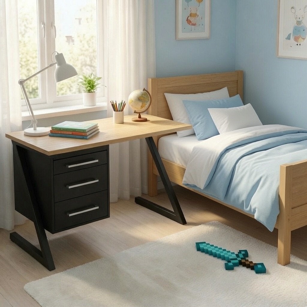 Stoere massief eiken slaapkamer. Met bij passend bureau, Ophalen, Gebruikt, 90 cm, Eenpersoons