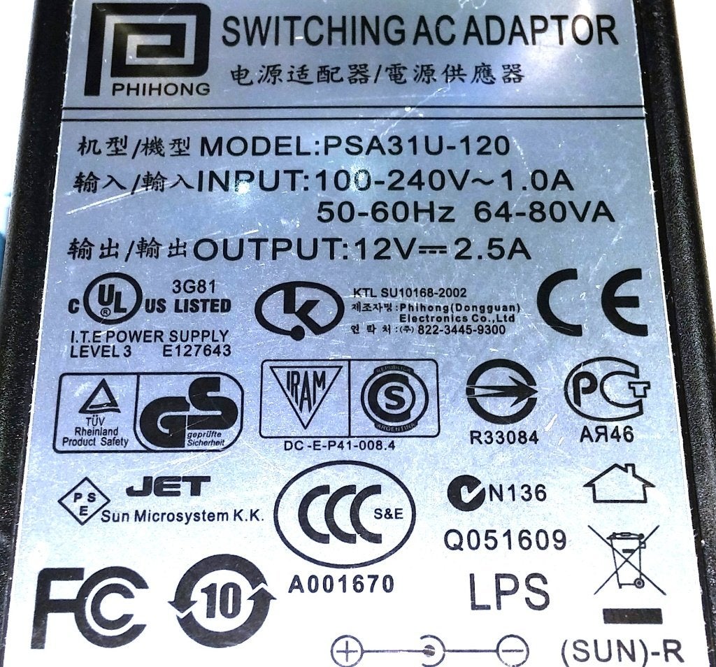 Phihong 12V 2.5A PSA31U-120 PSA-30U-120 30W X-Rite SE30-77, Computers en Software, Pc- en Netwerkkabels, Ophalen of Verzenden