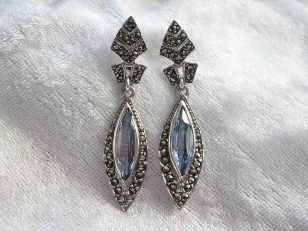 Mooie Lange Zilveren Art Deco Oorstekers met Aquamarijn, Sieraden, Tassen en Uiterlijk, Antieke sieraden, Verzenden, Zilver, Oorbellen