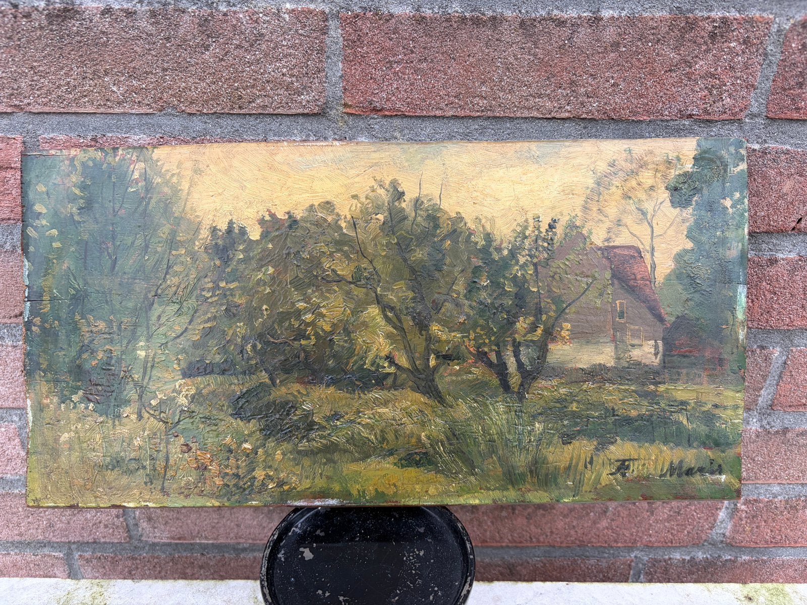 olieverf op paneel BOSGEZICHT MET BOERDERIJ, gesigneerd, Ophalen of Verzenden