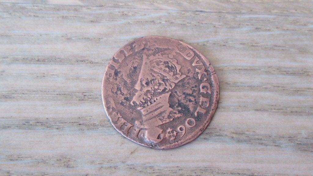 Oord of dubbele duit 1590 Philips II met kroon / bodemvondst, Ophalen of Verzenden, Vóór koninkrijk, Overige waardes, Losse munt
