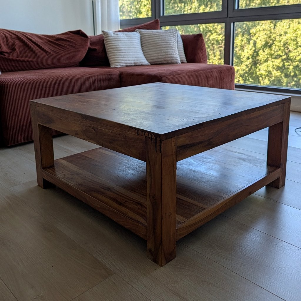 Massief houten salontafel vierkant 81x81 met onderplank, Huis en Inrichting, Ophalen, Gebruikt, 50 tot 100 cm, Vierkant