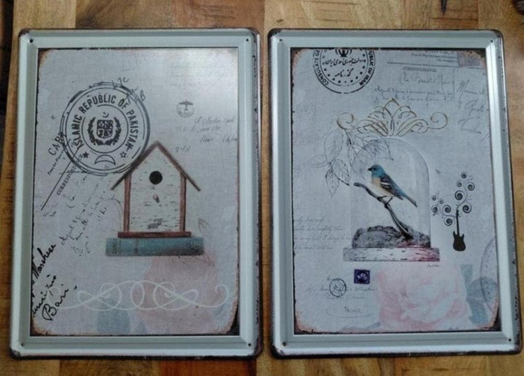 Set van 2 metalen wandborden met vogel en vogelhuisje, Metaal, Gebruikt, Ophalen of Verzenden, Wandbord of Wandpaneel