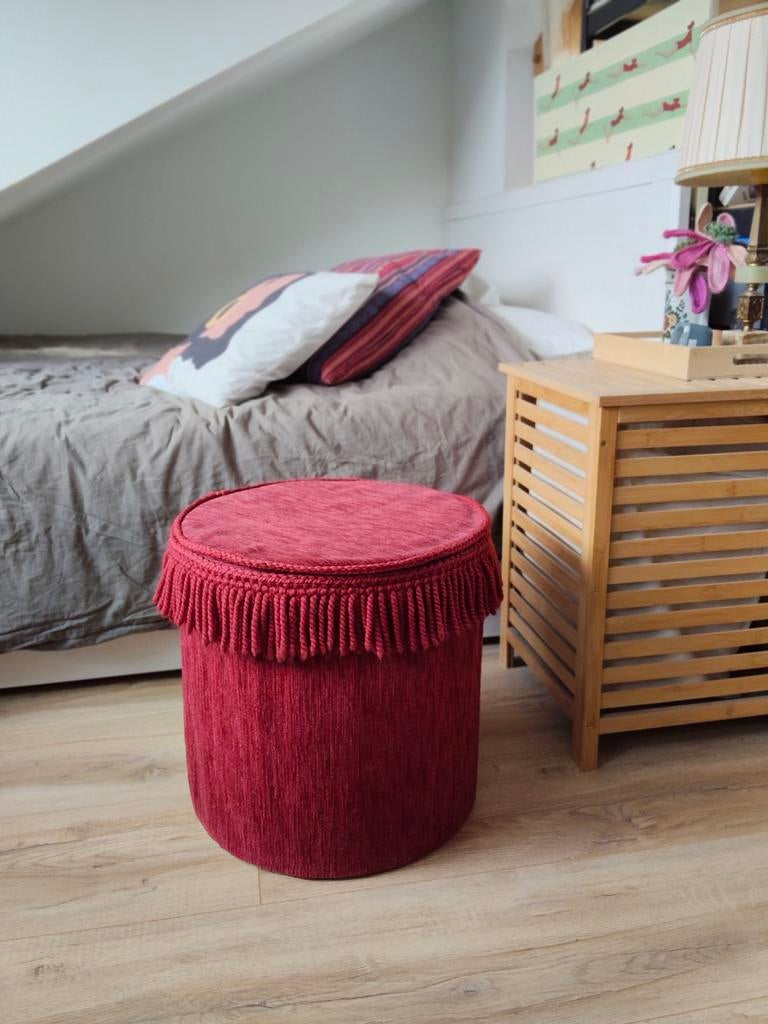 Vintage poef met franjes, Ophalen, Rond, Minder dan 50 cm, Minder dan 50 cm
