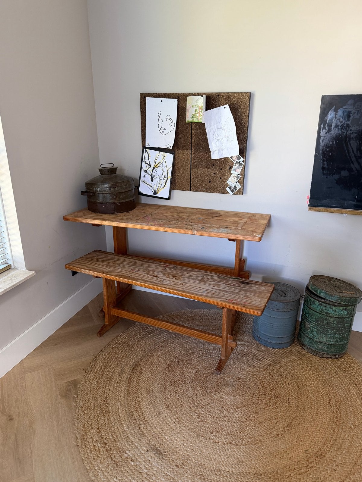 Vintage houten schoolbank met bankje, Ophalen